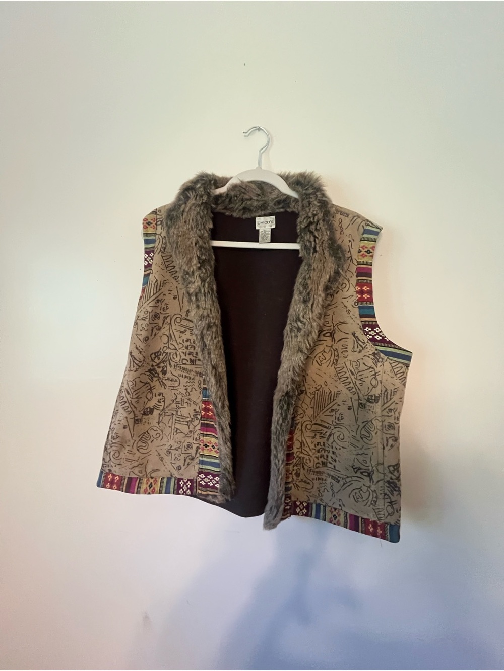 Chico’s Faux Fur Trimmed Printed Vest - Beige with Multicolor Accents